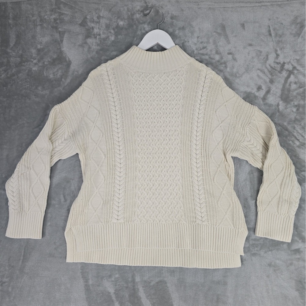 J.Crew Long Cotton Cable-Knit Mockneck Sweater Small Cream Fisherman Coastal